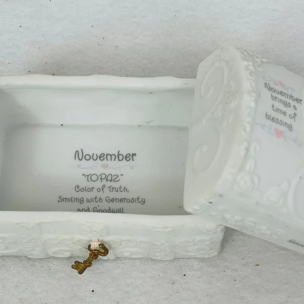 November Topaz Porcelain Treasure Chest Trinket Box White Ceramic Birthstone